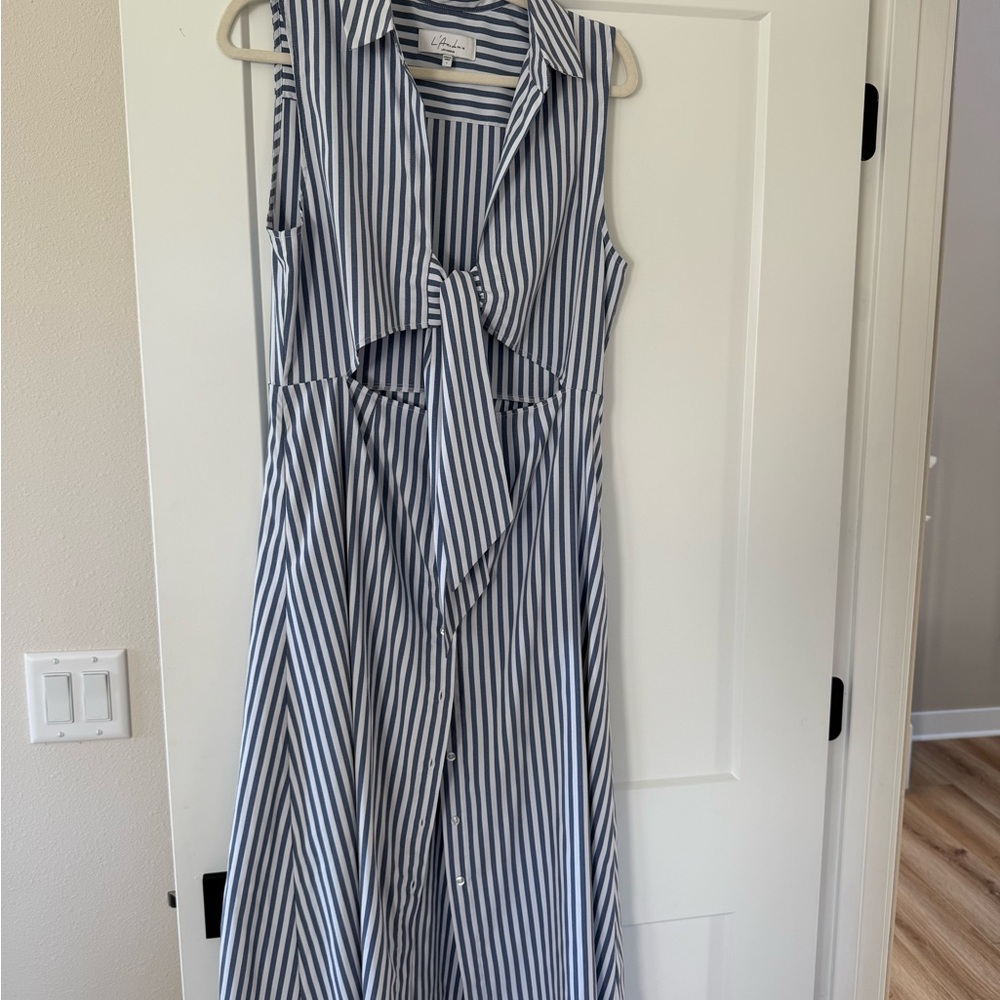 L'Academie Blue and White Yves Striped Maxi Dress